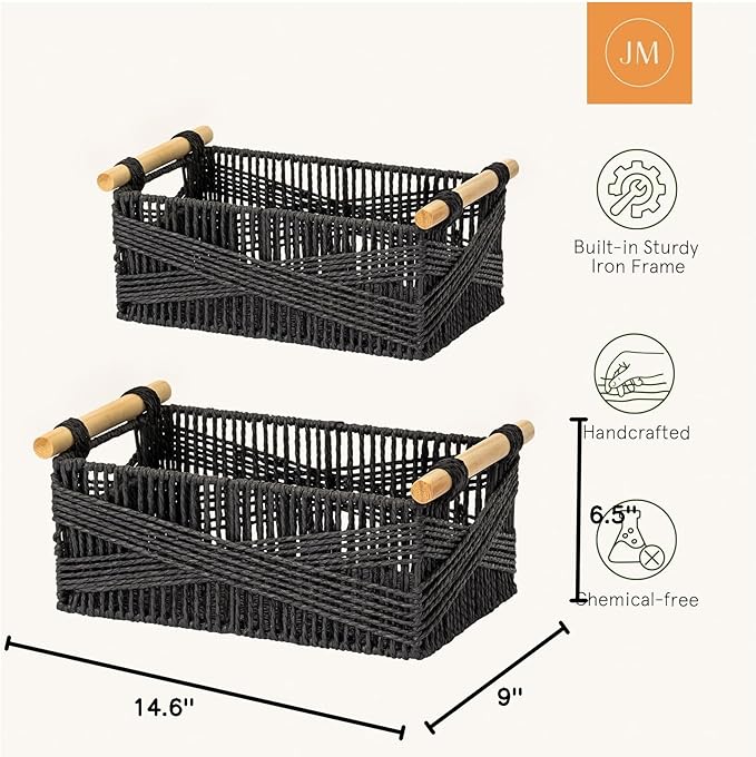 LA JOLIE MUSE Wicker Storage Baskets for Organizing, Recyclable Paper Rope Basket with Wood Handles, Decorative Hand Woven Basket Organizers for Makeup Books Shelves Living Room, Black, Set of 2