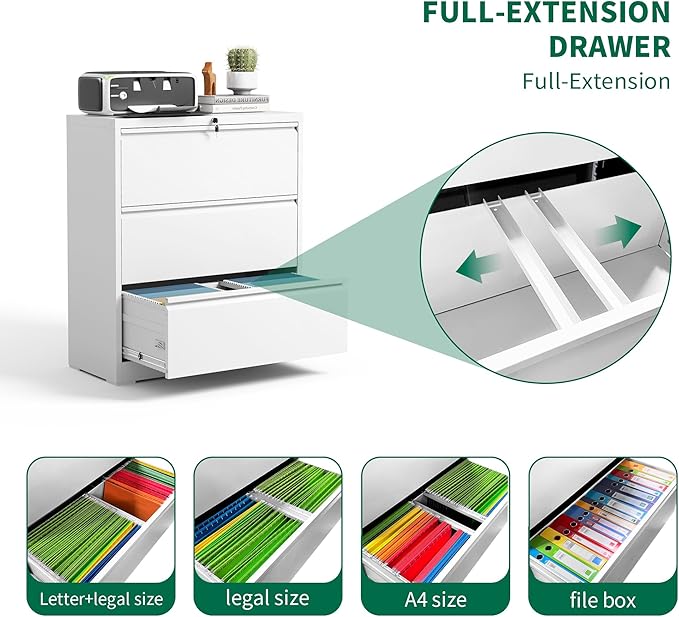 3 Drawer Lateral File Cabinet, Metal Filing Cabinets for Home Office, Steel Storage Wide File Cabinet for Letter/Legal/F4/A4 Size with Hanging Bars, Assembly Required (White)