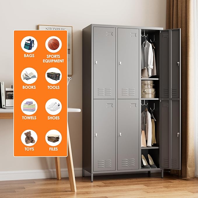 6 Doors Metal Lockers for Employees with 18 Hooks and Business Card Holder, Metal Locker with Ventilation Holes for School Garage Office Gym Home,Assembly Required,Dark Grey