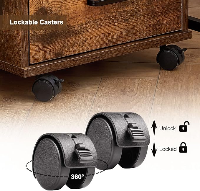 TUKAILAi Mobile File Cabinet with 3 Drawers, Lockable Storage Unit Wooden Rolling Office Filing Cabinet with Wheels, for Legal/Letter/A4 Sized Documents Home Office (Rustic Brown 2PCS)