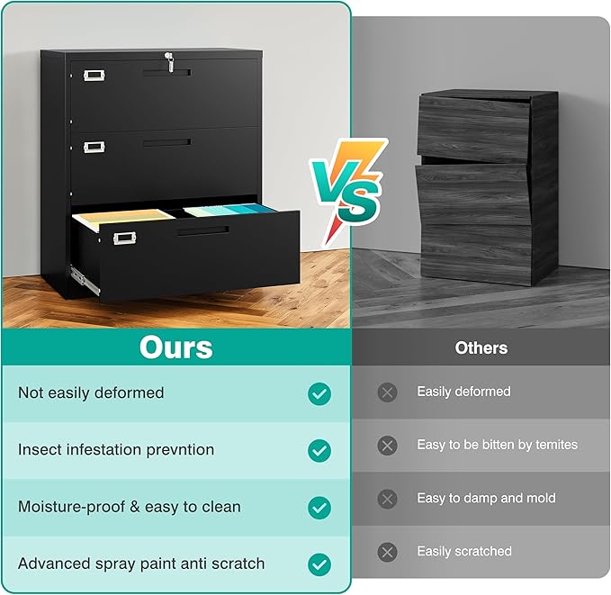 SISESOL 3 Drawer Lateral File Cabinet with Lock,Black Lateral Filing Cabinet,Horizontal Metal Filing Cabinet,Locked Wide Three Drawer File Cabinet for Office Home,Fit A4/F4/Letter/Legal File