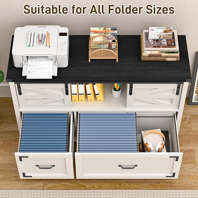 Lateral File Cabinets 2 Drawer with Sliding Barn Doors, Farmhouse Filing Cabinet with 2 Drawer for Home Office,Filing Organization Storage Cabinets for Hanging Files Letter/Legal/F4/A4.(Black.)