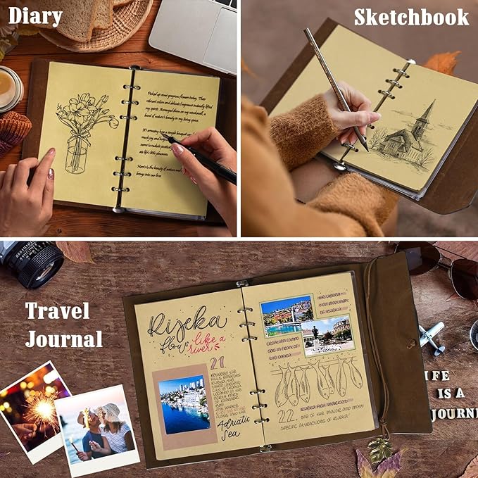 Leather Journals Notebooks with Blank Pages, Vintage Refillable Journal for Writing, Personal Travel Diary Art Sketchbook to Write in, Gifts for Women, Men, Teen Girls and Boys, 160 Pages A5 (Brown)