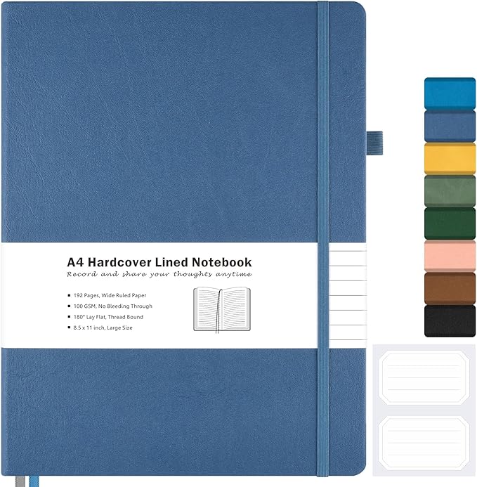 Lined Journal Notebook, 8.5" x 11" Hardcover Leather Notebook for Work, Wide Ruled Notebook Journal for Women Men, 192 Thick Paper, Lay Flat, 2 Pockets, A4 Large Journals for Writing, Blue Notebook
