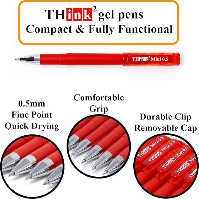 THINK2MASTER [24 Pens - Red Ink Think2 0.5mm Pocketable Mini Gel Pens. (24 Red) Fine Point Small Rollerball Pens with Smooth Quick Drying Ink.