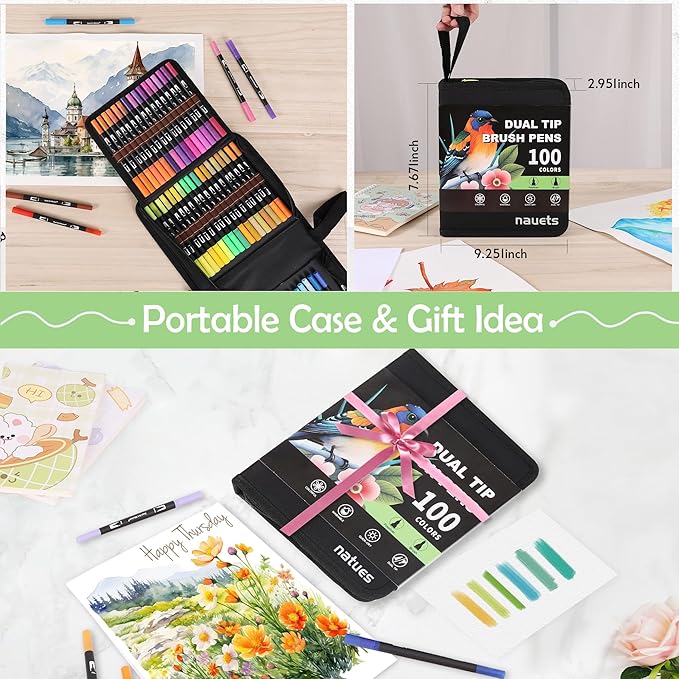 nauets 100 Colors Brush & Fine Dual Tip Watercolor Markers Set for Kids Adults Coloring Books No Bleeding Paint Pens For Drawing Note taking Planner Calligraphy Journaling Card Making Art Supplies