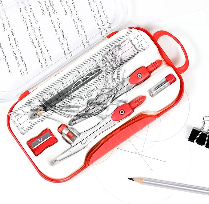 10 Pieces Math Geometry Kit Set Student Supplies with Shatterproof Storage Box,Includes Rulers,Protractor,Compass,Eraser,Pencil Sharpener,Lead Refills,Pencil,for School and Drawings(Red)