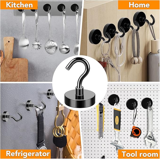 MIKEDE Magnetic Hooks, 50Lbs Strong Neodymium Black Magnet Hook for Hanging, Heavy Duty Magnetic Hooks Classroom Must Have, Magnet with Hooks for Home, Kitchen, Workplace, School - Pack of 10
