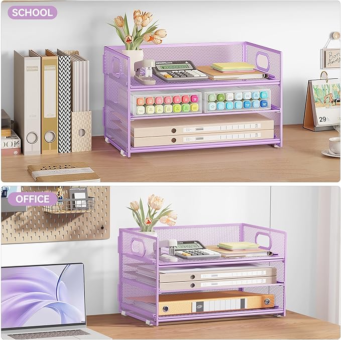 Subekyu 3 Tier Letter Tray Paper Organizer with Handle and 1 PC Sliding Tray, Purple Metal Mesh Desk File Folder Paper Sorter Organizer for Home Office School Desk Supplies Organization Storage