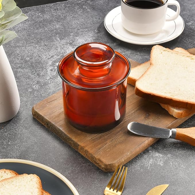 Butter Crock, Elegant Crystal Glass French Butter Dish for Fresh Spreadable Butter, Butter Keeper, Glass Butter Keeper to Leave On Counter,Amber