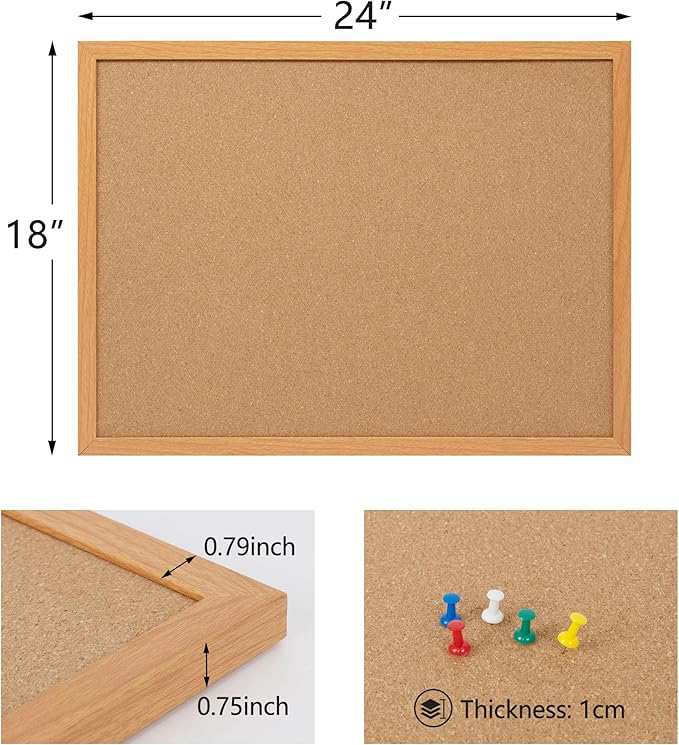 Board2by Cork Board Bulletin Board 18" x 24", Wood Framed Corkboards for Wall Decor, Hanging Office Message Board, Large Wall Mounted Notice Pin Board with 15 Push Pins for School, Home & Office