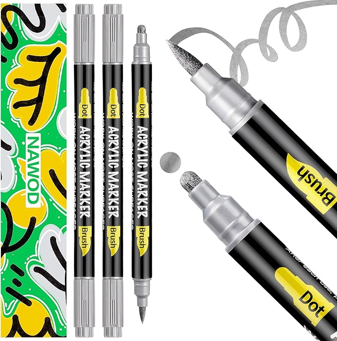NAWOD 3 Silver Acrylic Paint Pens Markers, Dual Tip (Dot + Brush Tip), for Rock Painting Fabric Canvas Glass Wood Ceramic Paper Eggs, Fabric Marker Ideal for Labeling DIY Crafts Art Projects