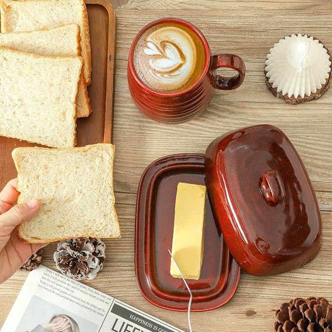 Hasense Butter Dish with Lid for Countertop, Ceramic Butter Tray with Handle, Large Butter Keeper Holder for West East Coast Butter, Modern Kitchen Christmas Decor, New Year, Thanksgiving Gift, Red