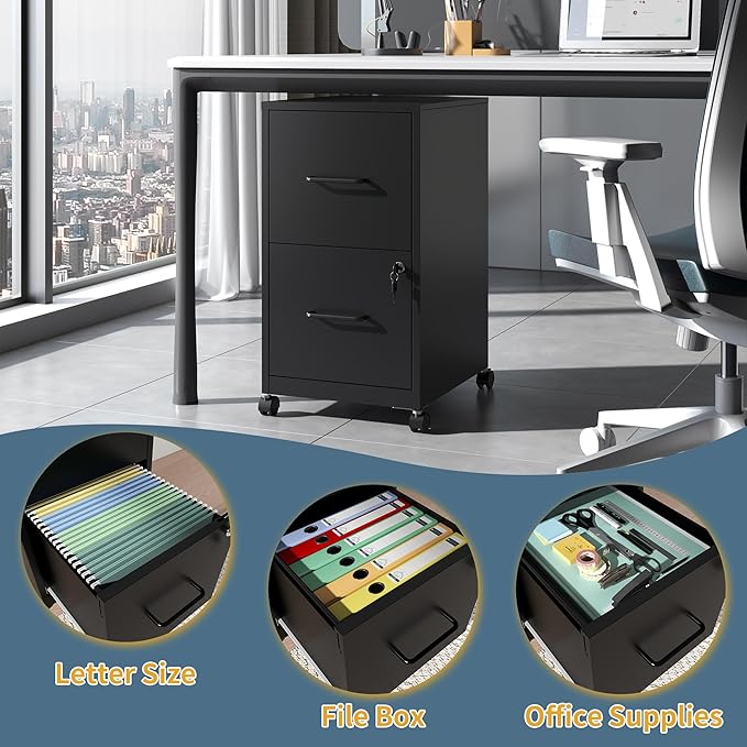 2 Drawer File Cabinet on Wheels, Mobile Filing Cabinets with Lock, Metal Storage Cabinet, Vertical Filing Cabinets for Home Office, Rolling File Cabinet for Under Desk, Amssebly Required,Black