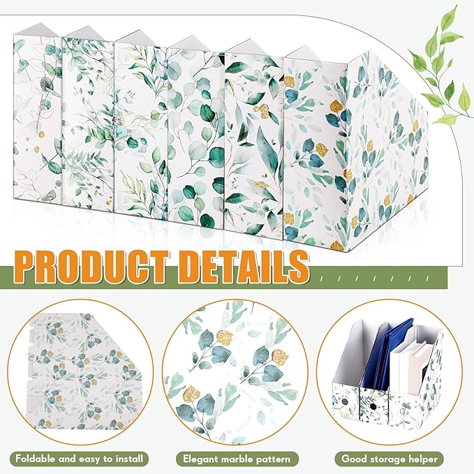 PerKoop 12 Pcs Magazine File Holder Foldable Decorative Cardboard File Folders 6 Patterns Floral Colored Magazine Rack with Printable Sticker Labels for School Office Home Desk (Eucalyptus Leaves)