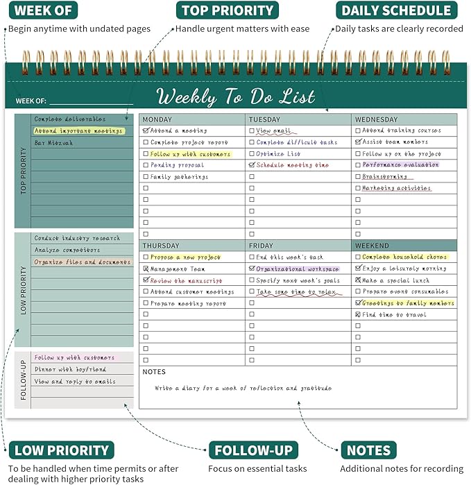 Weekly To Do List Notepad, 52 Undated Sheets (8.5"×11") Duplex-printed Weekly Planner Notepad For Work Home School Office Desk Accessories Supplies & Goal Setting Tasks - Green