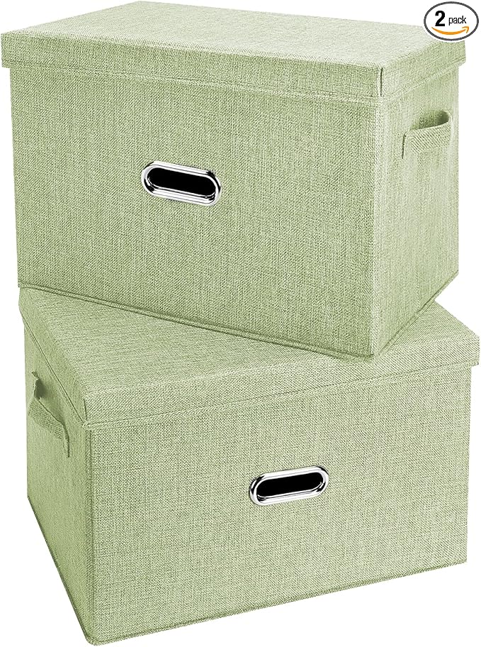 Large Linen Fabric Foldable Storage Bins with Removable Lid and Handles, Washable Storage Box Organizer Containers Baskets Cube with Cover for Bedroom,Office (Green, Small(2-Pack))