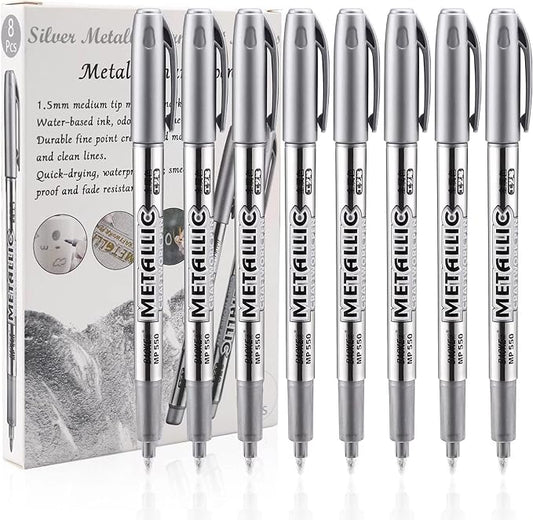LOONENG Silver Permanent Marker, Fine Point, Acid Free, Non-Toxic Ink, Quick Drying, Ideal for Adult Coloring, Crafts, Gift Cards, Fabric, Photo Albums, 8 Count