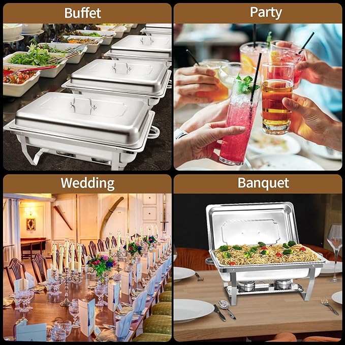 8 Qt 4 Pack Full Size Stainless Steel Chafing Dishes Buffet Set, Silver Rectangular Catering Chafer Warmer Set with Trays Pan Lid Folding Frame Stand for Kitchen Party Banquet Dining