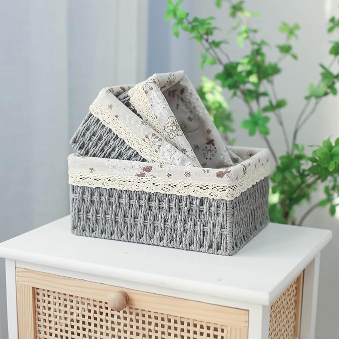 YRMT Macrame Storage Baskets Set of 3 Boho Decor Baskets for Organizing Decorative Paper Rope Woven Storage Basket with Liner Rectangular Empty Gift Basket Countertop Shelves Organizer