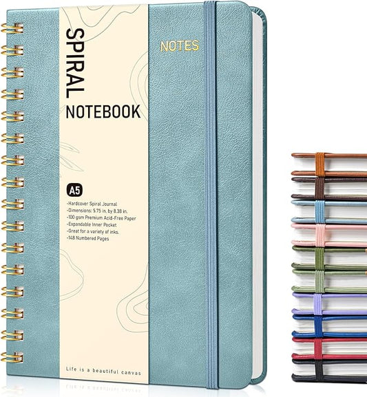 Graph Spiral Journal Notebook, A5 Hardcover Spiral Journals for Women Men, 100 GSM Graph Paper Notebooks, 150 Pages Spiral Bound Grid Notebook for Writing Note Taking Work 5.75" x 8.38", Misty Blue