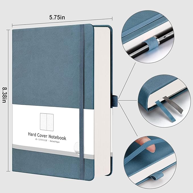 AHGXG Bullet Dotted Journal - 320 Numbered Pages Dot Grid Notebook A5 Thick Journal, 100gsm Thick Dotted Paper, Leather Hardcover,Inner Pocket, 5.75'' × 8.38'' - GrayBlue