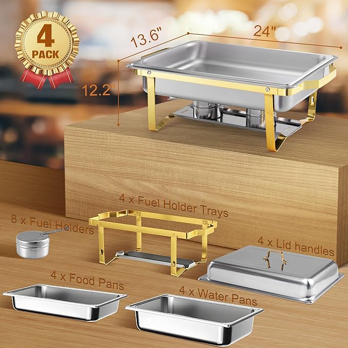 Rengue 9.5QT Chafing Dishes for Buffet, 4 PCS Golden Stainless Steel Chafing Dish Buffet Set, Buffet Servers and Warmers Heating & Cooling Food Warmers for Parties Buffet,Banquets,Weddings,Gatherings