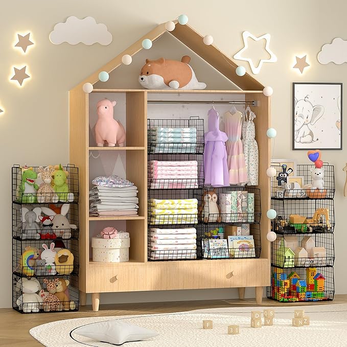 4-Tier Stackable Closet Organizers and Storage Shelves, Foldable Closet Shelf Organizer System, Space-Saving Clothes Storage Drawer Organizer Basket Bins, Black