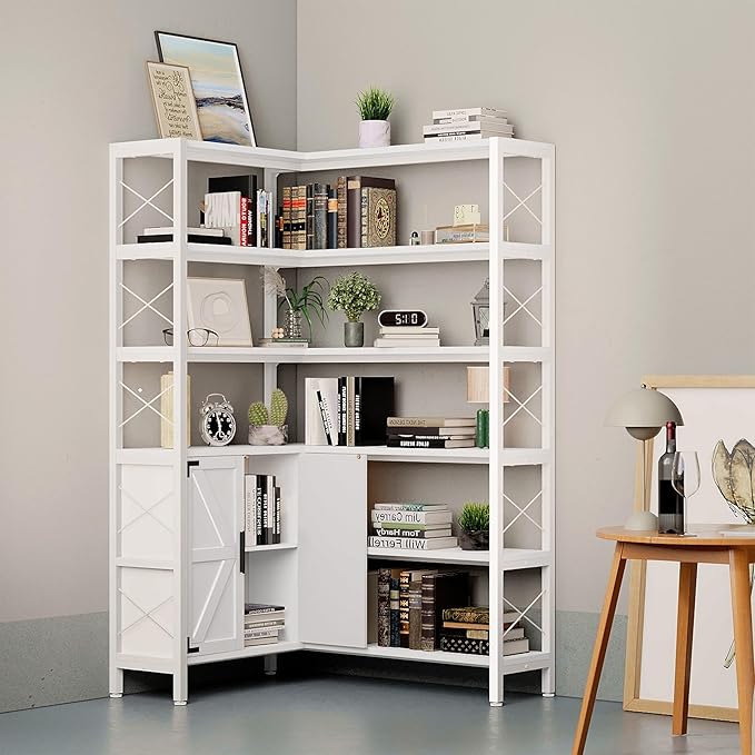 6-Shelf Corner Bookshelf, Vintage Industrial Corner Shelf Etagere Bookcase, Large Book Shelf with Metal Frame Open Storage Corner Cabinet (White-Lockers, Small)