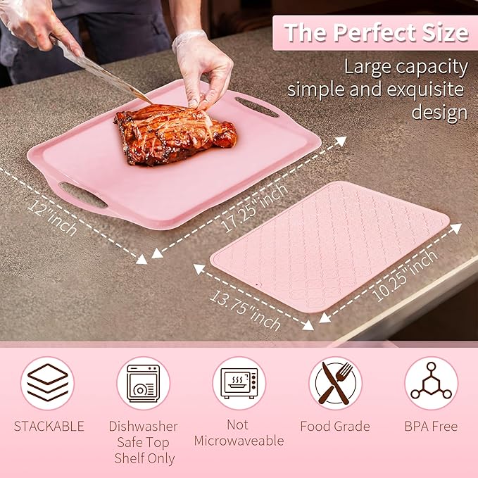LEHAHA Melamine Serving Tray with Handles, 17.25 x 12 Inch Aesthetic Serving Platters and Trays with Curved Sides, Tray for Lunch, Coffee, or Breakfast, 4pcs Set, Silicone placemats Included,Pink