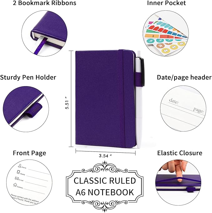 feela 15 Pack Pocket Small Notebooks Bulk, Mini Cute Notepads Hardcover College Ruled Lined Journals with Pen Holder for School Business Memos, with 15 Black Pens, 3.5”x 5.5”, A6, Purple