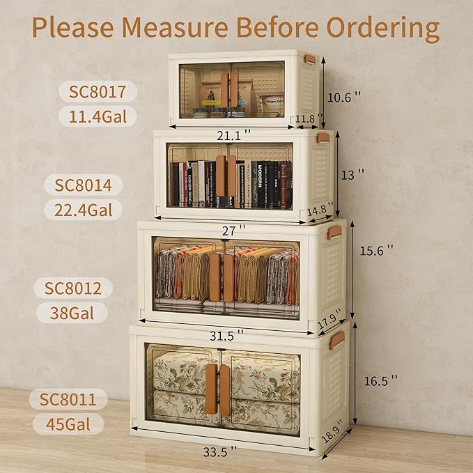 Plastic Stackable Storage Bins with Lids and Wheels, Foldable Closet Organizers and Storage Containers, Collapsible Clear Drawer Storage Cabinet with Doors Ivory White 179.2 QT