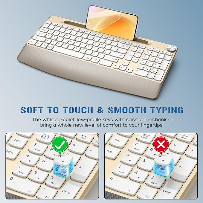 Ergonomic Wireless Keyboard with Wrist Rest-Low-Profile,Phone/Tablet Holder,Quiet Design,Windows & Mac OS,Full Size Cordless USB Computer Keyboard for Desktop,Laptop, PC, Mac, Windows-Gold