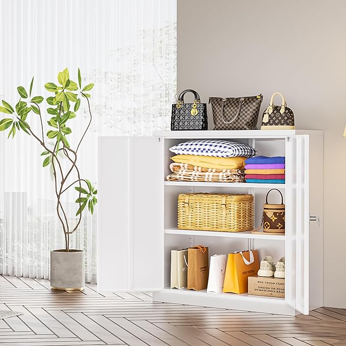 INTERGREAT Metal Cabinet with Lock, Lockable Metal Storage Cabinets with Doors and Shelves for Garage, White Locking Garage Storage Cabinets 36"×32"×16"