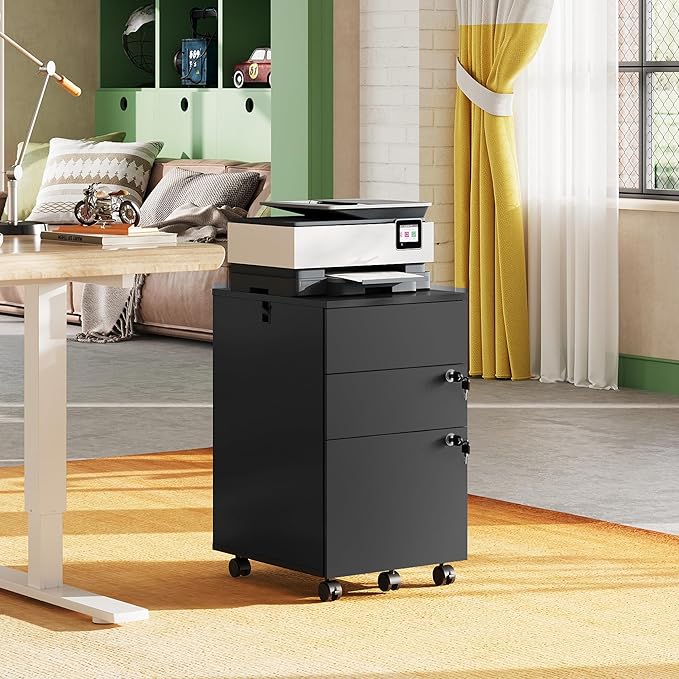 DEVAISE 3 Drawer File Cabinet with Lock, Small Rolling Filing Cabinet Under Desk, Wood Office Drawers Fits Letter/Legal/A4 Size Folders, Black