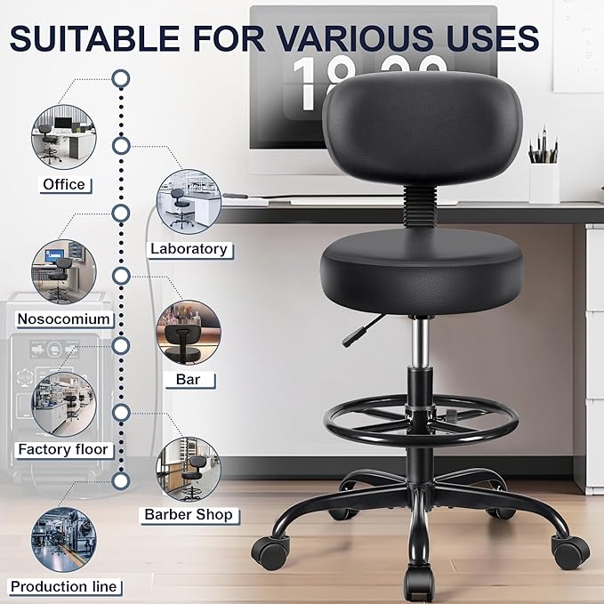 Drafting Chair with Backrest – Adjustable Foot Rest Rolling Stool with Wheels, PU Leather Swivel Stool for Office Spa Studio Lab Counter Salon Home Work Bar Kitchen Shop(Black)