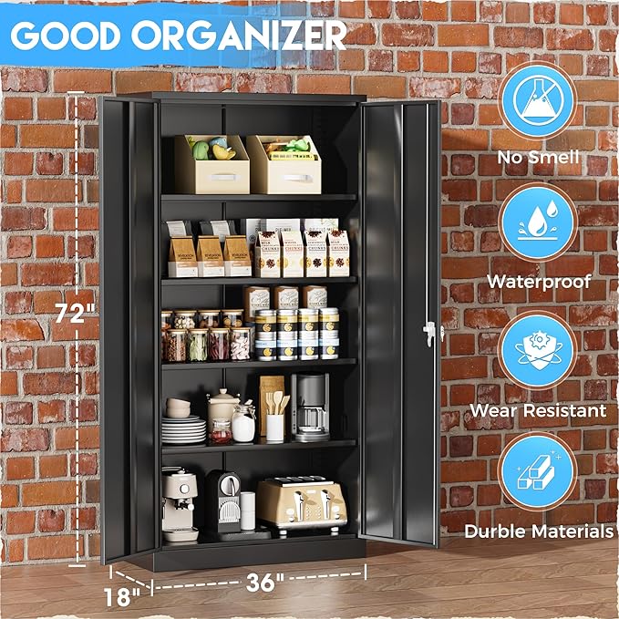 Greenvelly Metal Storage Cabinets 72” Black Garage Steel Storage Cabinet with Doors and Shelves, Metal Tool Cabinet, Steel File Cabinet for Home Office, Basement, Warehouse, Classroom(Anti Tipping)