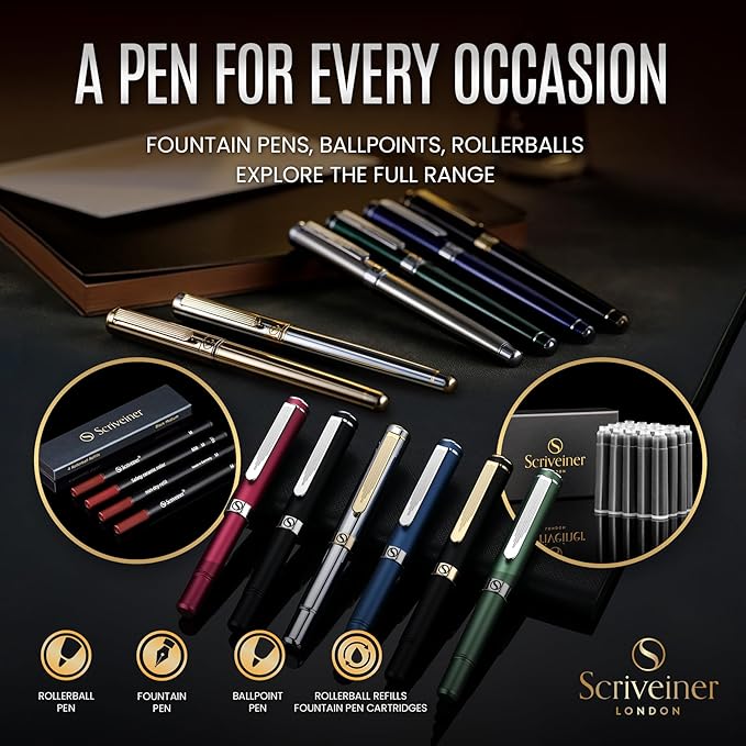Scriveiner Stainless Steel Ballpoint Pen - Stunning Luxury Pen with Stainless Steel Finish, Schmidt Black Refill, Best Ball Pen Gift Set for Men & Women, Professional, Executive, Office, Nice Pens