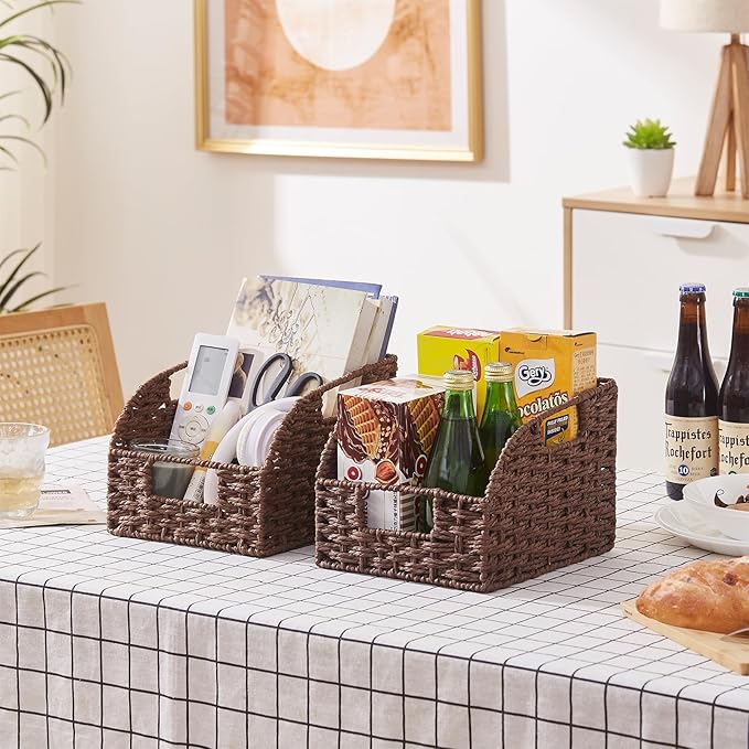 OIAHOMY Pantry Baskets for Organizing, Paper Rope Baskets with Built-in Handles, Wicker Storage Bins for Shelves, 2 Pack-Brown