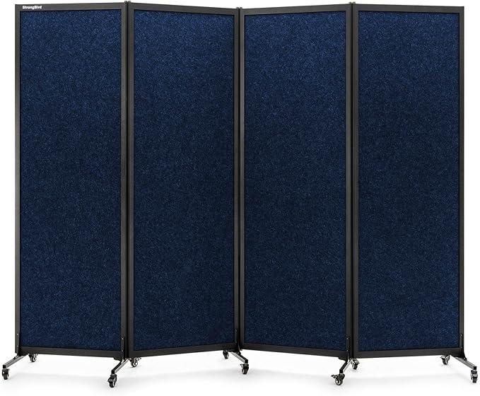 Upgrade Version Room Partition and Divider, Freestanding Rolling Dividers with Wheels,Office Privacy Screen Divider Wall,Classroom Felt Dividers,8'2"L* 6'7"H,4 Panel,Blue