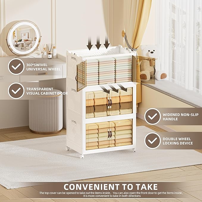 252 QT / 63 Gal Heavy Duty Double Door Storage Cabinet - Magnetic Closure, Foldable Stackable Design with Wheels & Leather Handles, Plastic Organizer for Garage/Bedroom