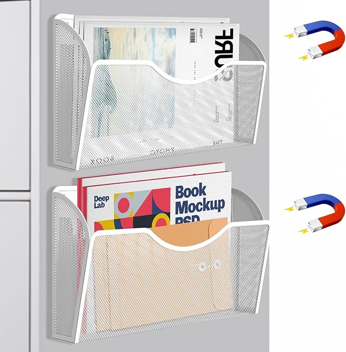 2 Pockets Magnetic File Holder for File Cabinets, Folder Holder Organizer- No Drilling Paper Document Holder, Large Capacity Office Hanging Magazine Rack for Refrigerator, Whiteboard, Office, Kitchen
