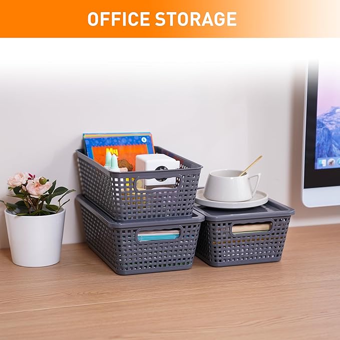 Plastic Storage Baskets With Lid, Storage Bins for Organizing, Stackable Decorative Containers for Shelves Drawers Desktop Closet Playroom Classroom Office,10 Pack-Grey