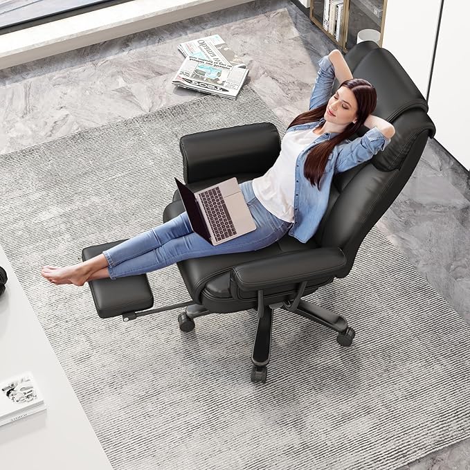 GYI Criss Cross Chair with Wheels, 160° Big and Tall Reclining Office Desk Chair with High Back, Wide Seat, Arms, Footrest, Black