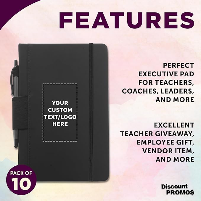 DISCOUNT PROMOS 10 Executive Notebooks with Pen Pack - Customizable Text, Logo - 6 x 8.5 inches, Recycled, Pen Loop, Closure Strap - Black