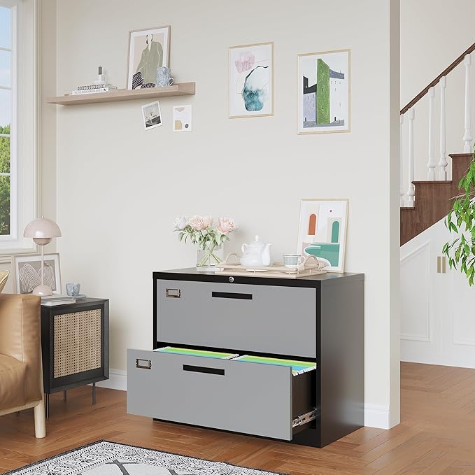 2 Drawer File Cabinet, Lateral Filing Cabinets for Home Office, Office Storage Drawers with Lock, Hanging Files Legal/Letter A4 Size (Assemble Required,Black Grey)