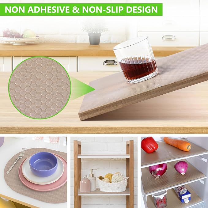 Beige Shelf Liners for Kitchen Cabinets Non Adhesive Drawer Liner for Bathroom Waterproof Refrigerator Liners for Shelves Fridge Plastic Mats Cabinet Cupboard Liner 17.5 x 236.2 Inches