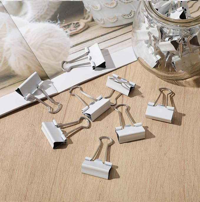 Jetec 100 Pack 1in/25mm White Metal Binder Clips Bulk Medium Reusable Fold Back Binder Clips Paper Clamps Spring Steel Sturdy for Home School Office Supplies