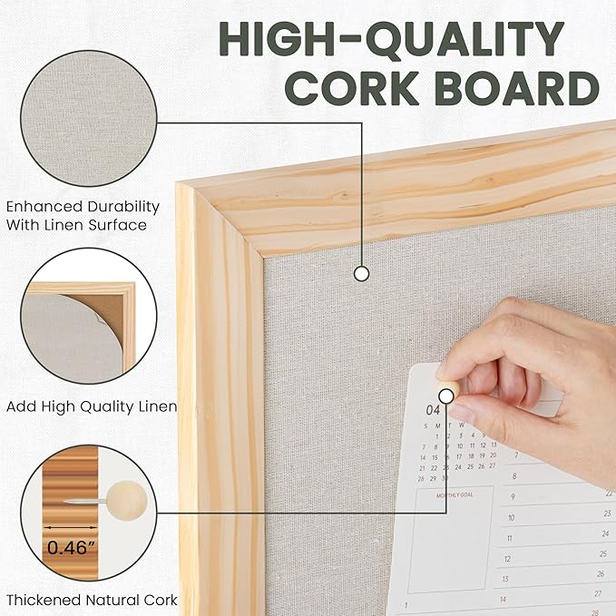 Bulletin Board Cork Board with Linen, 100% Wood Framed 18" x 24" Bulletin Board Decorations, Pin Boards for Walls, Wall Mounted Fabric Picture Board with 10 Pushpins for School, Home & Office, Natural