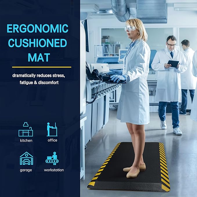 FEATOL Anti Fatigue Mats Industrial 3 Packs, Ergonomic Standing Floor Mat for Work for Stand, Black with Yellow Border Safety 20" x 32"-Support for Leg & Back Pain